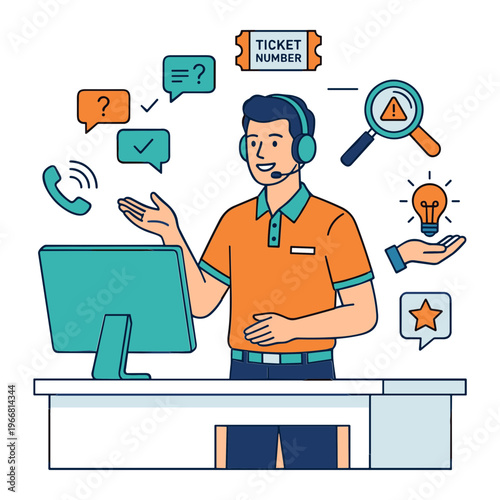 Customer support representative assisting clients with problems and solutions at a call center.