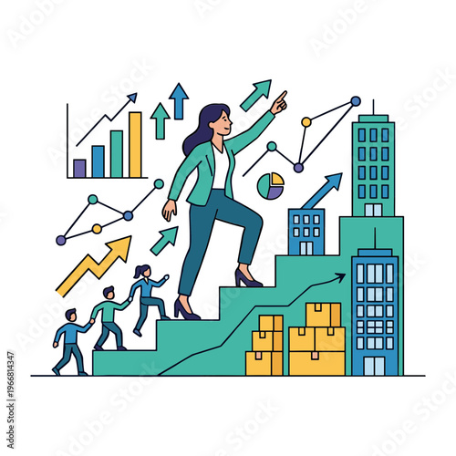 Businesswoman climbing up graph charts with colleagues and cityscape
