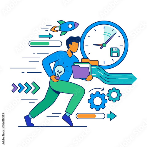 Businessman rushing to work with clock and documents in hand downtown