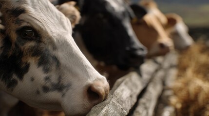 Close-up of a cow's face. the cow is white with black spots on its face and neck. it is looking directly at the camera with a curious expression.