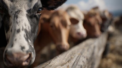 Close-up of a black and white cow's face. the cow is looking directly at the camera with a serious expression.