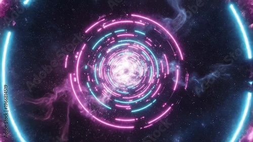 Cosmic journey through neon rings and nebula clouds in a starry sky abstract background