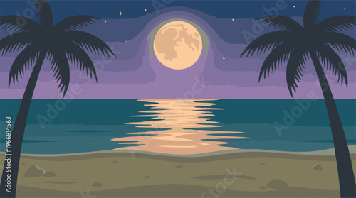 Night tropical beach landscape with full moon reflection and palm trees