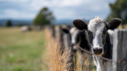 Close-up of a black and white cow's face. the cow is looking directly at the camera with a curious expression. it is standing behind a wooden fence with barbed wire on top.