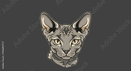 Detailed illustration of a Sphynx cat's face with large ears and striking eyes