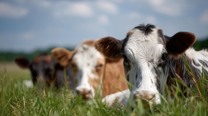 Close-up of a cow's face in a field of tall green grass. the cow is looking directly at the camera with a curious expression. its head is turned slightly to the side, and its ears are perked up.