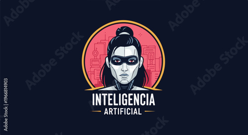 Futuristic portrait of a female android with red eyes and black hair in a bun