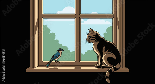 Cat and bird observe each other from a windowsill with greenery outside