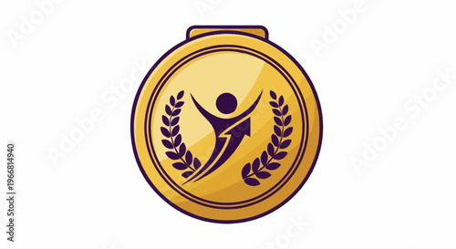 Golden medal with purple laurel branches, figure, and arrow