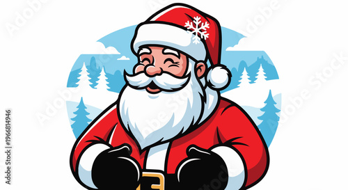 Cheerful cartoon Santa Claus with a winter forest scene background