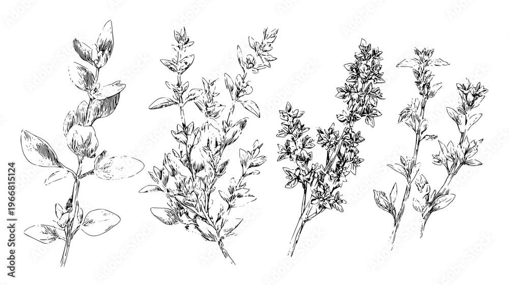Fototapeta premium Kitchen garden collection featuring thyme and oregano stems, illustration collection