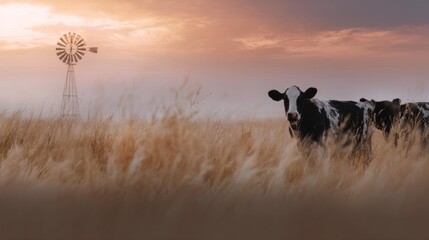 Black and white cow standing in a field of tall, golden grass. the cow is facing the camera and appears to be looking directly at the camera.