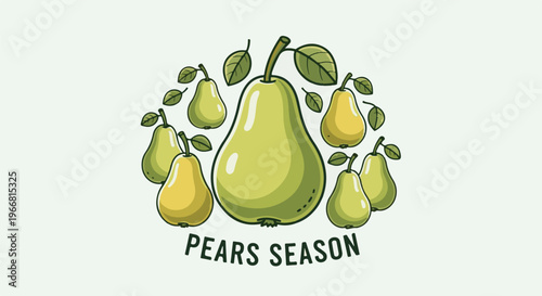 Group of pears with leaves and text "PEARS SEASON" on white