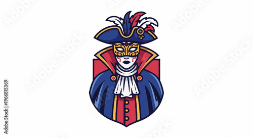 Costumed figure with ornate mask and feathered hat