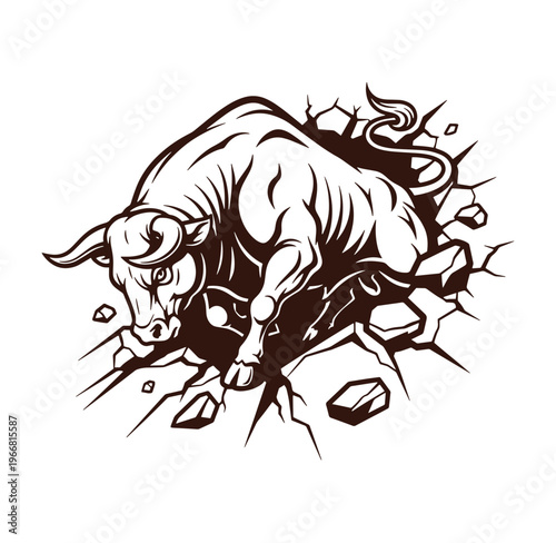 A bull bursting through cracked concrete ground with rocks flying around aggressively