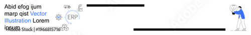 Business solutions, technology systems, enterprise integration, cloud computing, data analysis, process automation. A man observing ERP and cloud symbols. Business solutions and technology systems