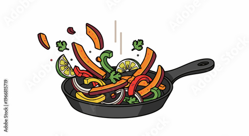 Colorful vegetables and lime slices cooking in a cast iron skillet