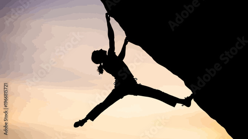 Silhouette of a woman rock climbing against a sunset sky, extreme sports and adventure
