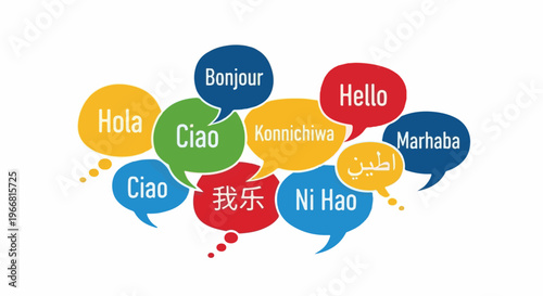 Colorful speech bubbles with "Hello" in multiple languages, diverse communication