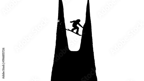 Silhouette of a snowboarder mid-air performing a trick against a stark white background.