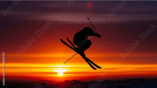 Silhouette of a skier performing a jump against a dramatic sunset sky