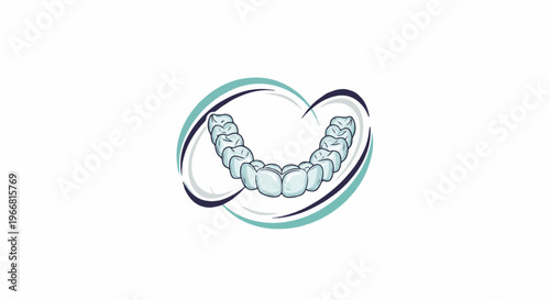 Graphic illustration of clear dental aligners arranged in a smile curve