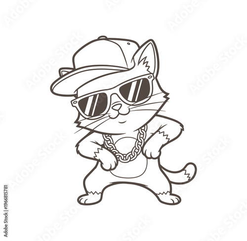 a cartoon cat wearing a baseball cap sunglasses and a chain necklace standing with hands on hips