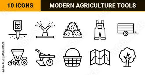 Modern Agriculture and Smart Farming Infrastructure Minimalist Monoline Geometric Vector Outline Graphic Set for Professional Agribusiness.