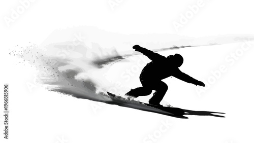 Silhouette of a snowboarder carving a turn, kicking up snow, dynamic action shot