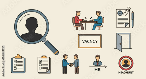 Icons illustrate hiring process, job search, and employment screening