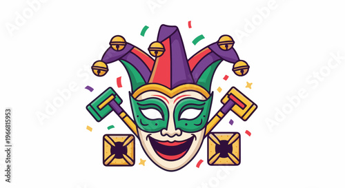 Festive jester mask with bells, confetti, and gold square decorations