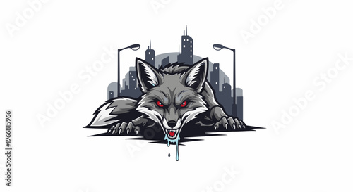 Fierce fox with red eyes crouches before a dark cityscape