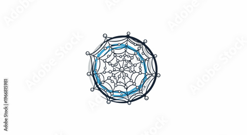 Intricate circular web pattern with glowing blue accents and decorative orbs