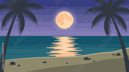 Full moon reflection on ocean water at tropical beach with palm trees at night