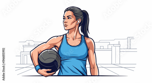 Fit woman with ponytail holding sports ball, looking sideways, blue tank top