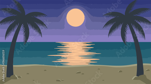 Night tropical beach landscape with full moon reflecting on the calm ocean