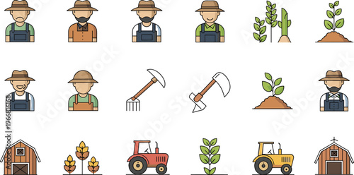 Farm agriculture icon set vector with farmer characters tools tractor crops and barn flat illustration isolated on white background