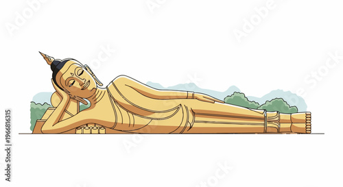 Golden reclining Buddha statue with serene expression against a backdrop of hills and trees