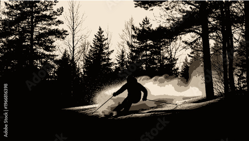 Silhouette of skier carving down a snowy slope surrounded by trees, creating a powder cloud.