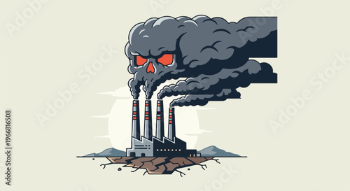 Pixelated factory smokestacks emit skull-shaped pollution, causing environmental damage