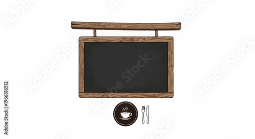 Rustic wooden blackboard sign with coffee cup and cutlery icons