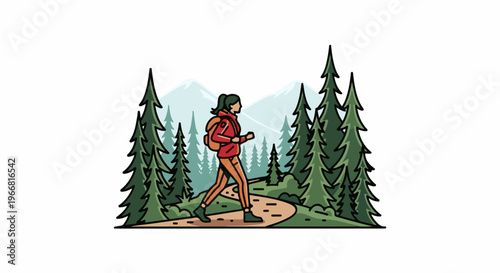 Person hiking on a trail through a forest with mountains