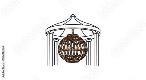 Ornate rope sphere hanging within classical architectural columns, detailed illustration