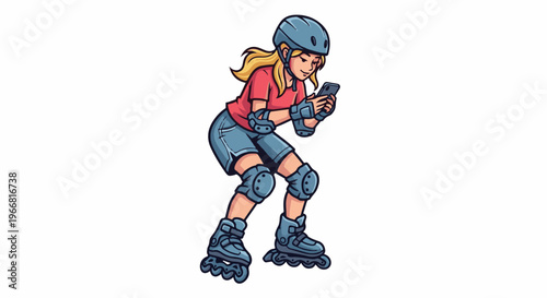 Person in roller skates, helmet, and protective gear uses a smartphone