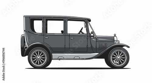 Monochrome illustration of a vintage four-door sedan, side profile view