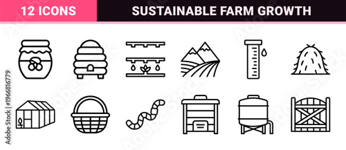 Minimalist Agriculture and Smart Farming Line Art Icons for Modern Agrotechnology Systems and Rural Industry Graphics