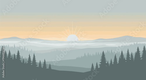 Misty mountain range at sunrise with silhouetted fir trees in foreground