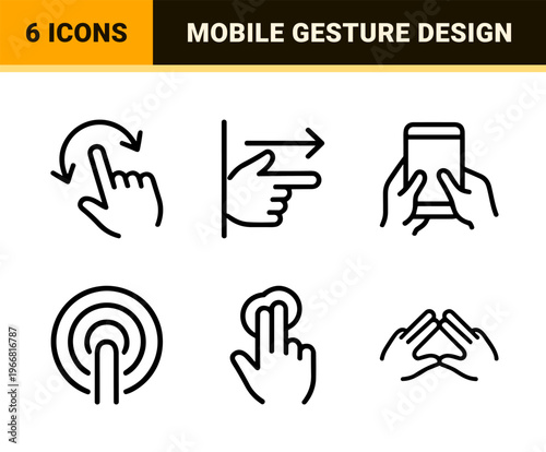 Touchscreen interaction hand gesture line icons with Minimalist monoline aesthetic for user interface design and mobile app navigation workflows.