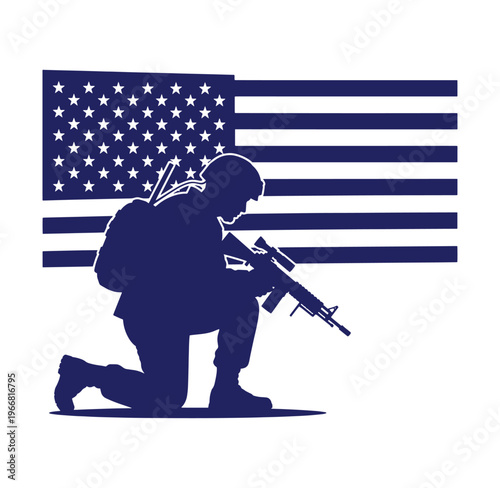 American soldier kneeling with gun in front of USA flag  patriotism and military concept
