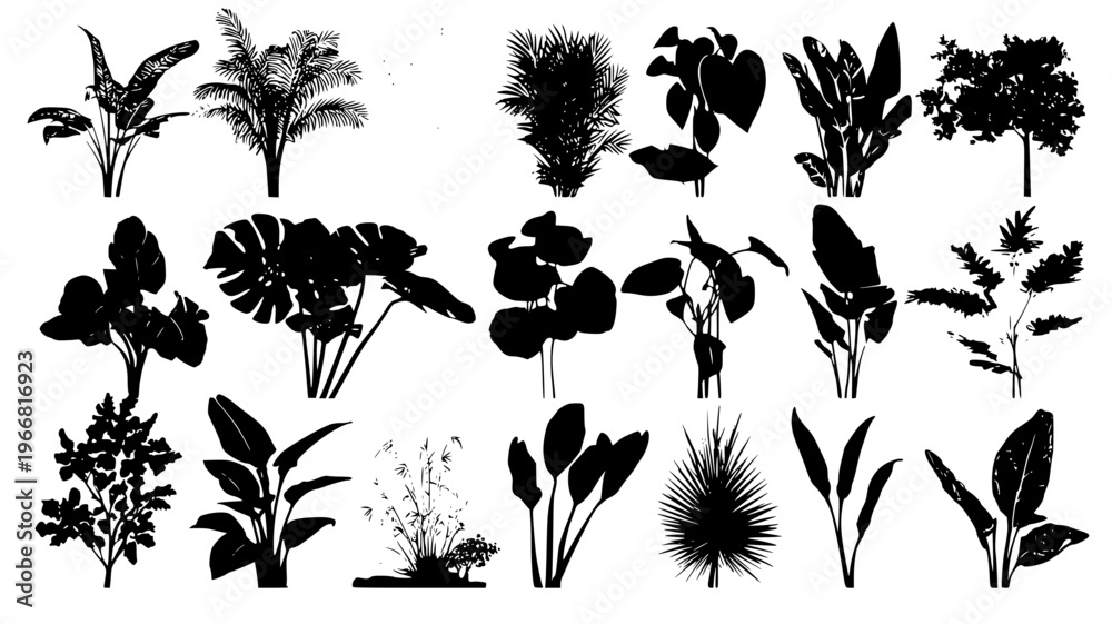 Fototapeta premium Tropical plant kit with broad leaves and organic textures, vector art set